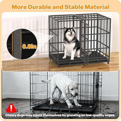 Hiwokk 54 Inch Heavy Duty Dog Crate, Indestructible Escape-Proof Dog Kennel for High Anxiety Large Dogs, Strong Metal Pet Cage with Double Doors, Lockable Wheels & Removable Tray, XL XXL XXXL