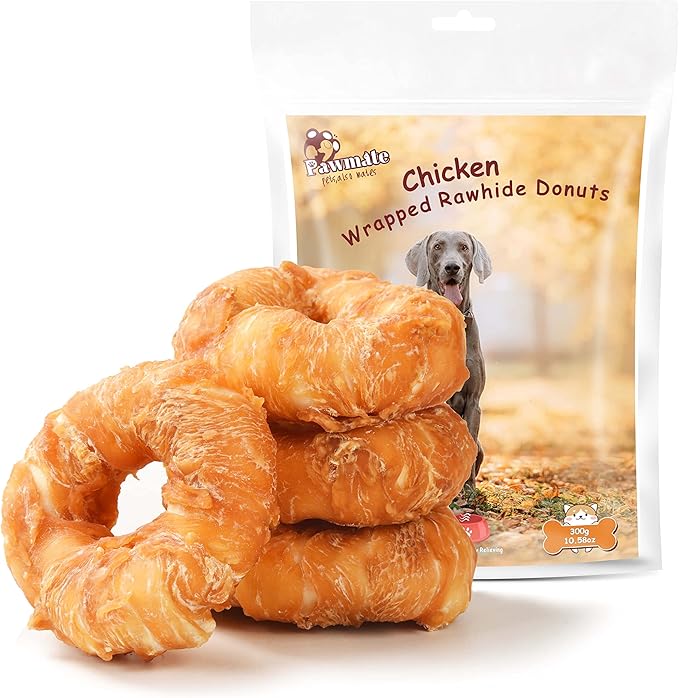 Pawmate Dog Treats Large Breed, Chicken Wrapped Rawhide Donut Rings, Rawhide Dog Chews Long Lasting, Grain Free Training Snacks with Taurine for Medium Large Dogs, 4 Counts