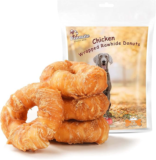 Pawmate Dog Treats Large Breed, Chicken Wrapped Rawhide Donut Rings, Rawhide Dog Chews Long Lasting, Grain Free Training Snacks with Taurine for Medium Large Dogs, 4 Counts