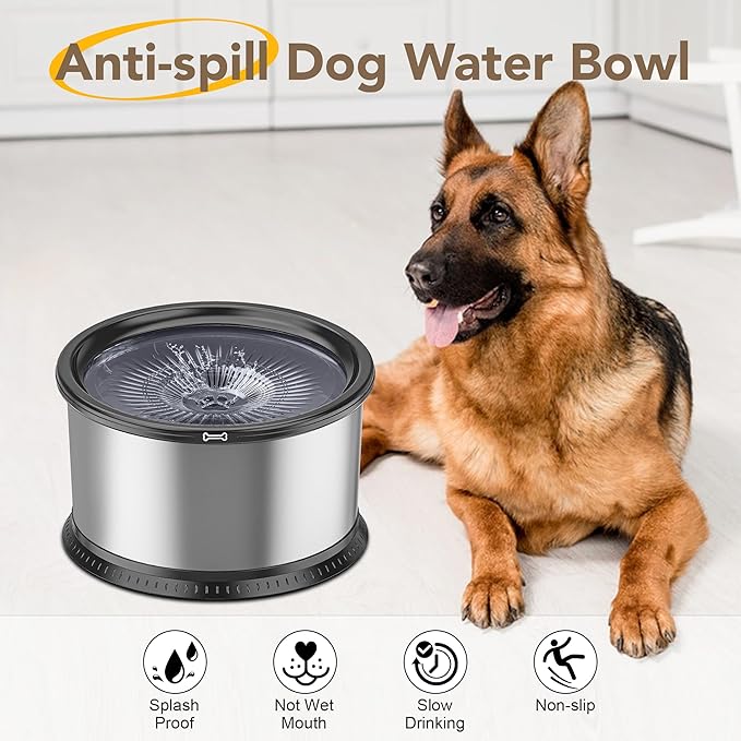 4.5L/1.2Gal Dog Water Bowl, No Spill Stainless Steel Slow Water Bowl for Medium Large Dogs, Large Capacity Splash Proof Slow Drinking Water Bowls with Anti-Slip Mat for Mess Drinkers
