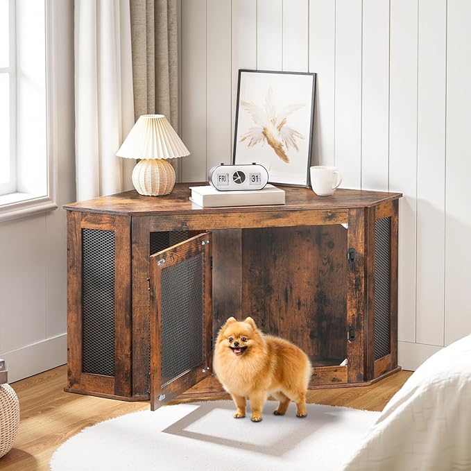 MAHANCRIS Corner Dog Crate Furniture, Wooden Dog Kennel End Table, Decorative Pet Crate Indoor Use, Furniture Style Dog House for Small Medium Dog, Dog Cage TV Stand, Rustic Brown DCRB0801