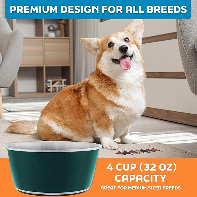 Master Pet Supply Stainless Steel Dog Bowls Set of 2 (32 Oz Each) with Non-Slip Rubber Base - Emerald Sea - Basic Dog Food Bowl Water & Food Bowls for Small Medium Large Dogs & Cats, Metal Dish
