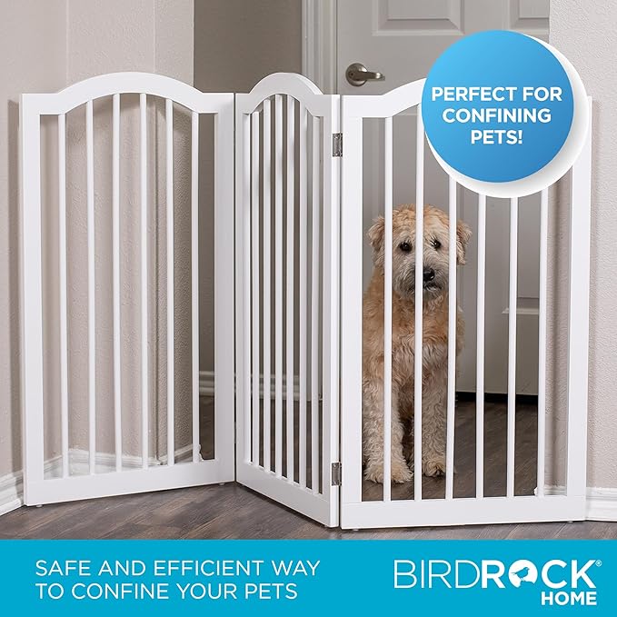 INTERNET'S BEST Arched Top Dog Gate | 3 Panel, 36" H Wooden Pet Barrier for Dogs or Cats | Freestanding Folding Room Divider for Doorways, Hallways, Stairs, and Porch | Portable, Extra Wide | White