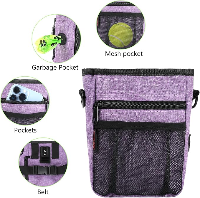 kissleaf Dog Treat Pouches for Pet Training with Magnetic Closure Treat Pouches for Pet Training,Large Dog Treat Training Pouch and Dog Clicker,Training Treat Pouch Built-In Poop Bag Dispenser-Purple.