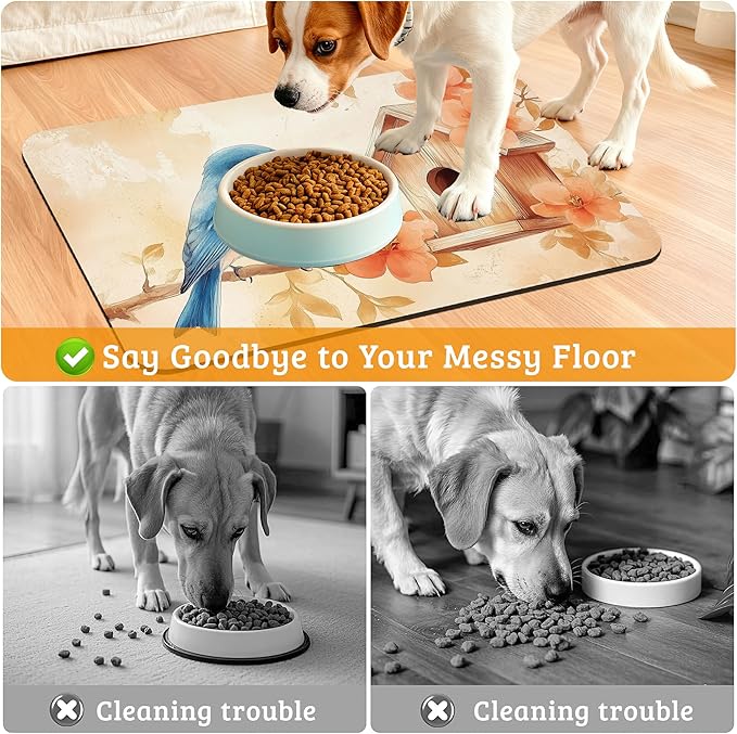 Dog Bowl Mat,Blue Bird Pet Feeding Mat for Floors Waterproof,Fall Leaves Absorbent Dogs Placemat for Food and Water Quick Dry Pet Cat Feeding Mats with Non Slip Bottom 12" x 20"