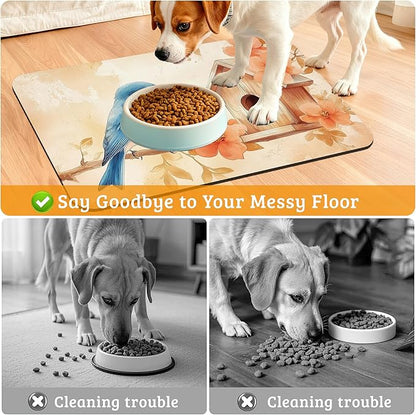 Dog Bowl Mat,Blue Bird Pet Feeding Mat for Floors Waterproof,Fall Leaves Absorbent Dogs Placemat for Food and Water Quick Dry Pet Cat Feeding Mats with Non Slip Bottom 12" x 20"