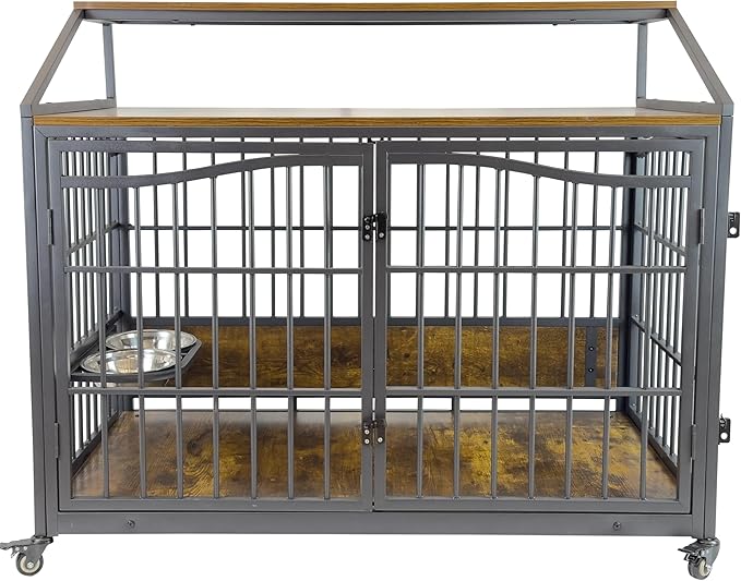 48 Inch Dog Crate Furniture, XXL Kennel Cage Rustic Wooden Pet House End Table Dog Home for Large Dogs with 2 Stainless Steel Bowls Indoor Use 48" L x 30" W x 40" H