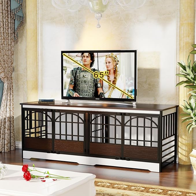 COZPAW 86 Inch Double Dog Crate Furniture, Extra Large Dog Kennel Indoor for 2 Dogs, Heavy Duty Dog Cage with Divider, Wooden Dog House Decorative Table TV Stand for XLarge Dogs (White&Brown)