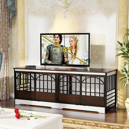 COZPAW 86 Inch Double Dog Crate Furniture, Extra Large Dog Kennel Indoor for 2 Dogs, Heavy Duty Dog Cage with Divider, Wooden Dog House Decorative Table TV Stand for XLarge Dogs (White&Brown)
