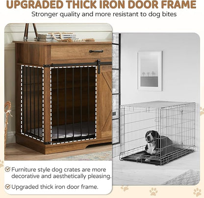 37.8" Furniture Style Dog Crates with Drawer, Farmhouse Wooden Dog Kennel Furniture with Sliding Barn Door & Water Resistant for Small/Medium/Large Dog, Rustic Oak