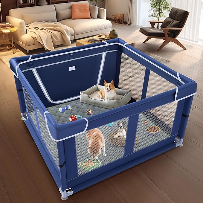 XVISHX 42x42 Inches Puppy Playpen with Dog Pads, Dog Playpen for Puppies or Small Dogs, Pet Playpen for Indoor & Outdoor, Sturdy Safety DogPen with Thickened Fabric, High-Strength Nylon Wire Mesh