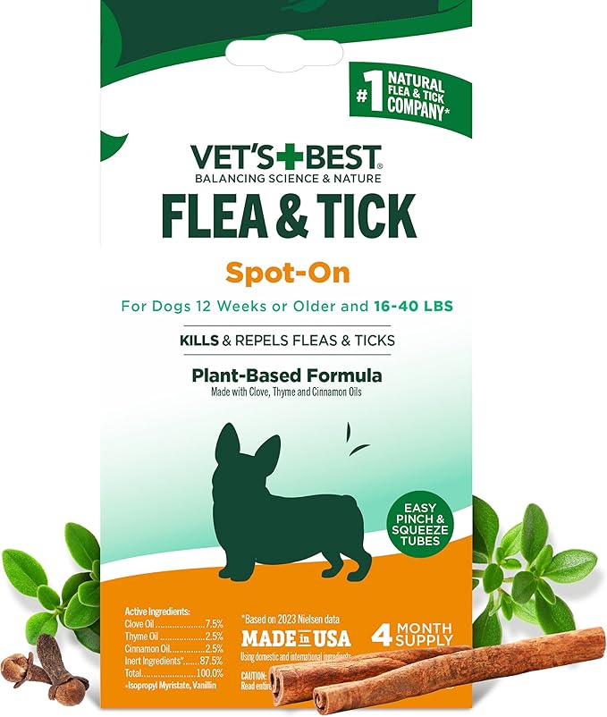 Vet’s Best Botanical Flea and Tick Drops for Medium Dogs, Plant-Based Spot-On Treatment with Certified Essential Oils, Topical Flea and Tick Prevention and Control, Botanical Pest Care, 4 Month Supply