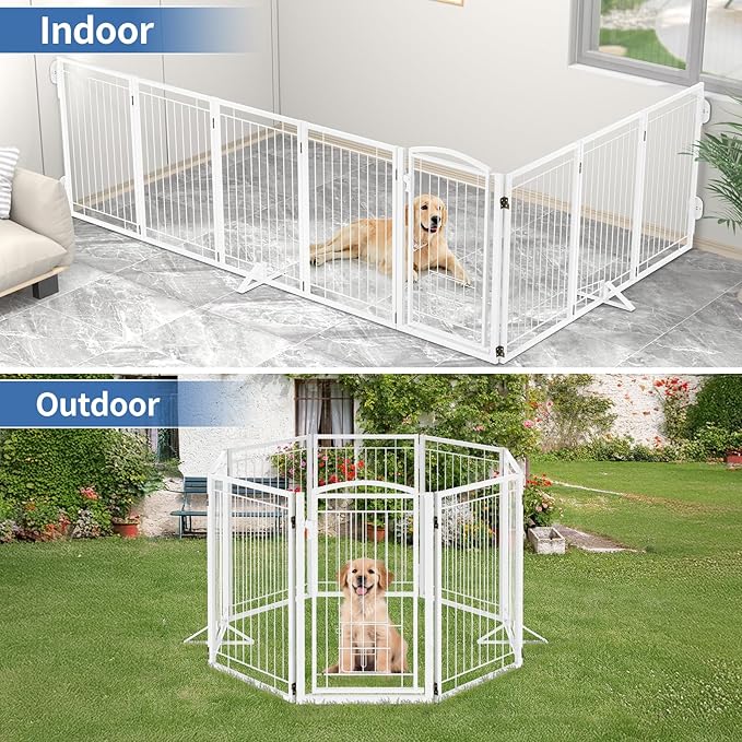 Metal Freestanding Dog Gate with Cat Door for Indoor/Outdoor,160" Extra Wide Foldable Pet Gate,32" Tall Foldable Indoor Dog Fence for Large Openings Stairs,Deck,Yard,Doorways(8 Panels,White)