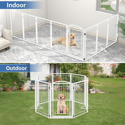 Metal Freestanding Dog Gate with Cat Door for Indoor/Outdoor,160" Extra Wide Foldable Pet Gate,32" Tall Foldable Indoor Dog Fence for Large Openings Stairs,Deck,Yard,Doorways(8 Panels,White)