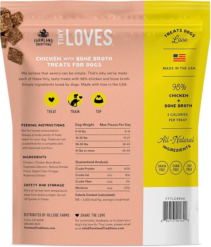 Farmland Traditions Tiny Loves Jerky Topper Trainer Treats for Dogs, Chicken with Bone Broth, 2.5 Pound Bag
