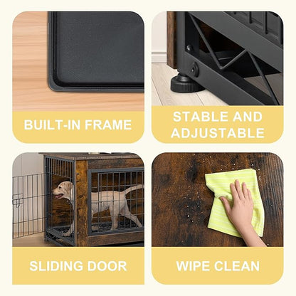 JY QAQA Dog Crate Furniture, Wooden Dogs Crate Table, Double-Doors Dog Furniture, Indoor Dog Kennel, Dog House, Dog Cage/Brown/L