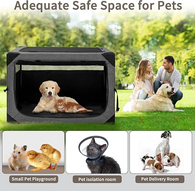 Hiaksedt Dog Crates - 36 Inch Collapsible Soft Dog Crate, 3-Door Foldable Soft Kennel for Large Dogs, Portable Pet Travel Cage with Chew Proof Mesh Window for Indoors & Outdoors（Dark Gray）