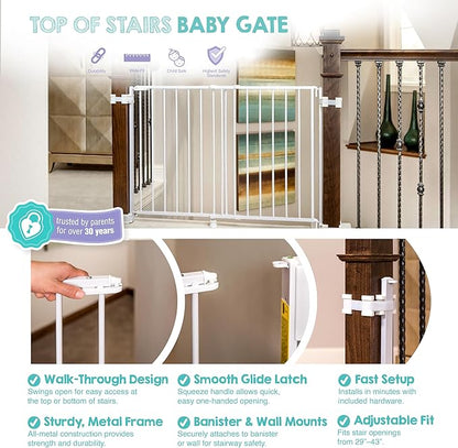 Regalo Safety 29-43" Top of Stairs Baby Gate, Extra Wide Baby Gate, Extra Wide Hardware Mounted Stair Gate with Banister & Wall Mount Kit, Walk-Through Safety Gate with Door for Toddlers & Pets