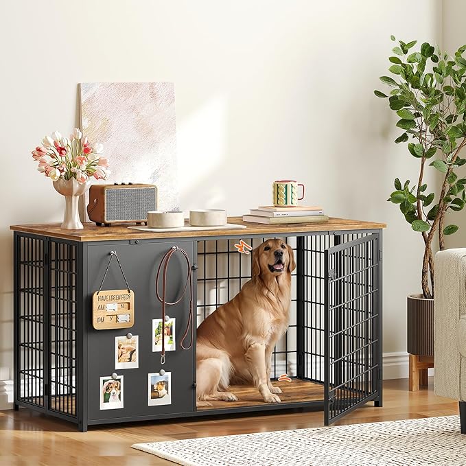 YATINEY Foldable Dog Crate Furniture, 47.2" Dog Crate with DIY Frame, Heavy Duty Dog Kennel Indoor with Hooks, Wooden Dog Cage End Table, for Small/Medium/Large Dogs, Rustic Brown DC120BR