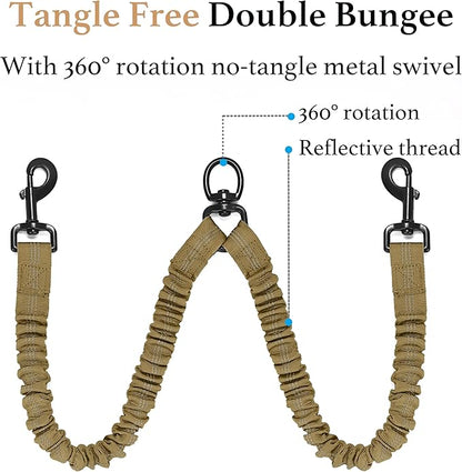 iYoShop Dual Dog Leash - 360° Swivel, No Tangle Walking Leash with Shock Absorbing Bungee for Two Dogs (Large, 25-150 lbs, Khaki)