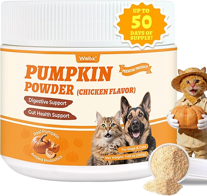 Wellix Pumpkin Powder for Dogs & Cats - Fiber Supplement, Digestion Support, Firms Stool, Dog & Cat Diarrhea, Prebiotic & Probiotic Powder - Food Topper for Dogs & Cats, 7 oz Chicken Flavor