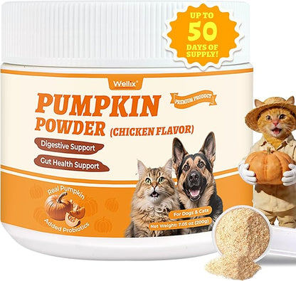 Wellix Pumpkin Powder for Dogs & Cats - Fiber Supplement, Digestion Support, Firms Stool, Dog & Cat Diarrhea, Prebiotic & Probiotic Powder - Food Topper for Dogs & Cats, 7 oz Chicken Flavor