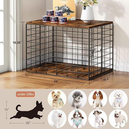 24 Inch Small Dog Crate Furniture - All-Season Indoor Dog Kennel with Wooden Top & Thickened Metal Wire, Cage for Small Dogs & Puppies Under 20 lbs. Fits Living Room, Bedroom, Hallway.