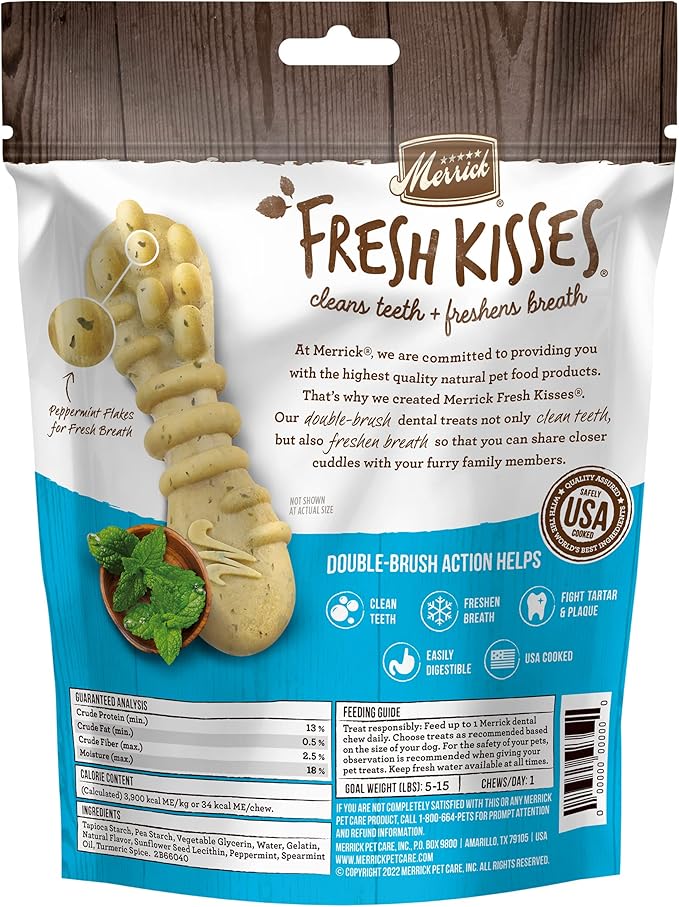 Merrick Fresh Kisses Natural Dental Chews Toothbrush Treat Shape Infused with Real Mint for Tiny Dogs 5-15 Lbs - 33 ct. Bag (Pack of 2)