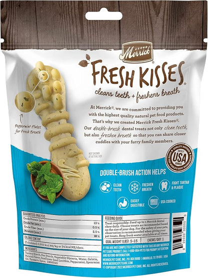 Merrick Fresh Kisses Natural Dental Chews Toothbrush Treat Shape Infused with Real Mint for Tiny Dogs 5-15 Lbs - 33 ct. Bag (Pack of 2)