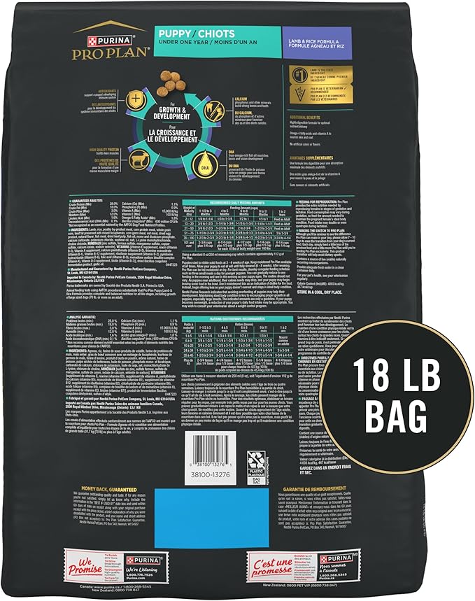 Purina Pro Plan Lamb and Rice Formula Dry Puppy Food, High Protein Healthy Dog Food, 18 lb. Bag