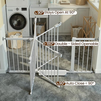 Mumeasy 29.7-57" Extra Wide Baby Gate for Doorways, Auto Close Dog Gate Indoor for Stairs, No-Drill Pressure Mounted Pet Gate with Door, Easy Walk Thru Long&Large Safety Gate for House, Outdoor, White