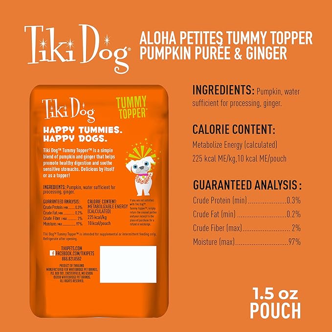 Tiki Dog Single-Serve Tummy Topper, Grain-Free Pumpkin Purée with Ginger for Sensitive Stomachs, 1.5oz Pouches (Pack of 12)