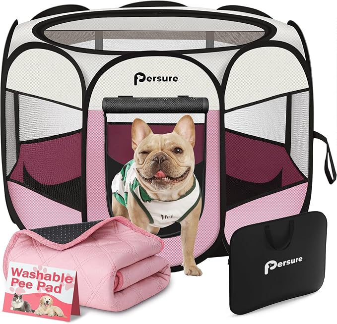 Dog Cat Playpen Indoor Outdoor for Puppy Pet Dogs Cat Recovery After Surgery, Dog Tent Crates Cage Indoor/Outdoor, Portable Pop Up Kennel with Carrying Case for Travel (Pink with Pad, Medium)