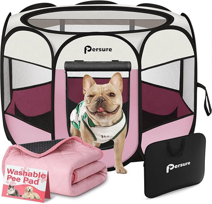 Dog Cat Playpen Indoor Outdoor for Puppy Pet Dogs Cat Recovery After Surgery, Dog Tent Crates Cage Indoor/Outdoor, Portable Pop Up Kennel with Carrying Case for Travel (Pink with Pad, Medium)
