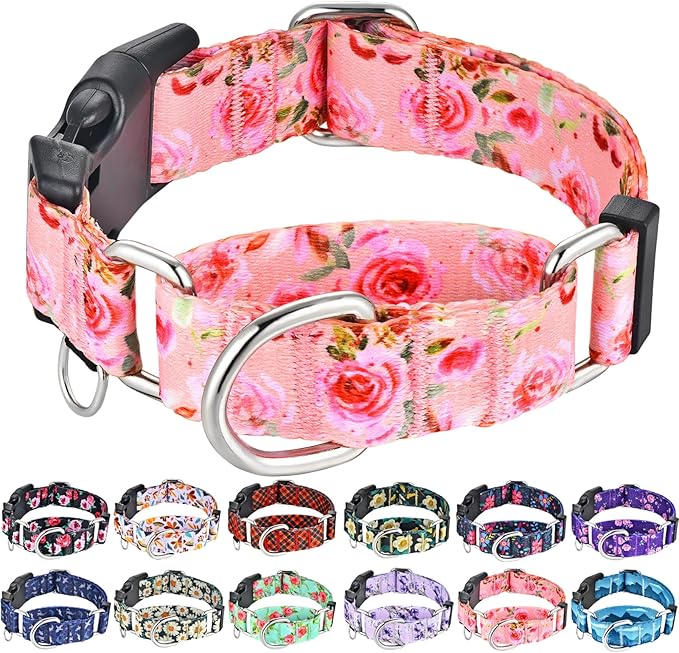 Martingale Collar for Dogs with Buckle Pink Floral Dog Collars No Pull Cute Girl Female Dog Collar for Large Dogs, Watercolor Pink Rose