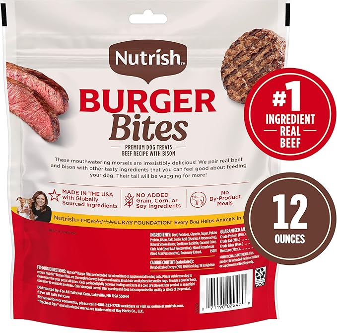 Nutrish Burger Bites Beef Recipe with Bison Premium Dog Treats, 12 oz. Pouch (Rachael Ray)