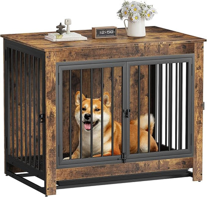 Derfullo Dog Crate Furniture, 38 Inch Indoor Dog Kennel for Medium Dogs Up to 50 LBS, Heavy Duty Wooden Pet Cage End Table with 3 Doors, Alloy Steel Frame & Removable Tray