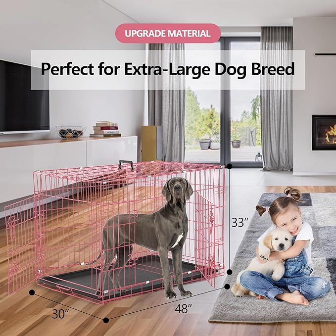 Dog Crate, 24/30/36/42/48 Inch Dog Crates for Small Medium Large Dogs Indoor, Folding Metal Dog Kennel Dog Cage with Double-Door, Divider Panel, Removable Tray, Locks and Handle, (48 Inch, Pink)