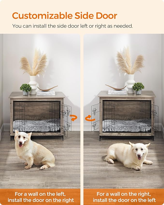 Feandrea 32.5" Dog Crate Furniture, Indoor Dog Cage Side End Table, L Pet Wood Kennel for Large and Medium Dogs up to 45 lb with Multi-Purpose Removable Tray, Double-Door Pet House, Greige