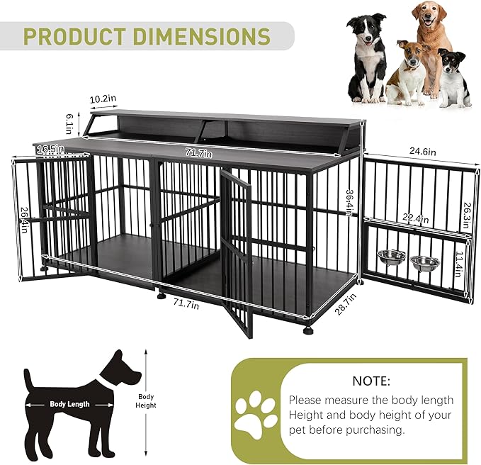72 Inch Dog Crate Furniture for 2 Dogs, Wooden Dog Kennel Furniturewith Storage Shelf & Bowls, Heavy Duty Dual Dog Kennel End Table, Sturdy Dog Cage Furniture Dog Crate with Divider