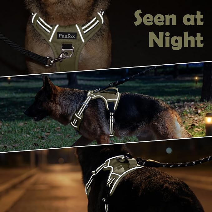 Funfox Dog Harness No Pull, Adjustable Pet Vest Harness, Super Soft Material with Vertical Handle Easy Control, Reflective Night Walking, 2 Leash Clips for XLarge Dogs, Army Green, XL