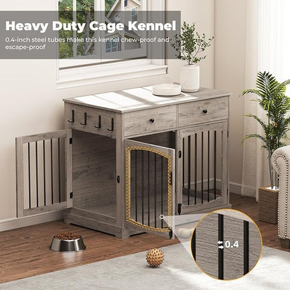 Dog Crate Furniture, Wooden Dog Kennel Furniture, Heavy-Duty Dog Crate End Table with Storage Drawers, Double Doors Decorative Pet Cage House Indoor for Small Medium Dog, 40Inch, Gray