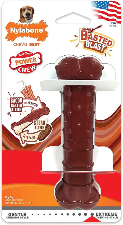 Nylabone Textured Bone Power Chew Toy for Dogs, Durable & Tough Dog Toys for Aggressive Chewers, Basted Blast Bacon & Steak Flavor, Medium Dogs - Up to 35 lbs, 1 Count