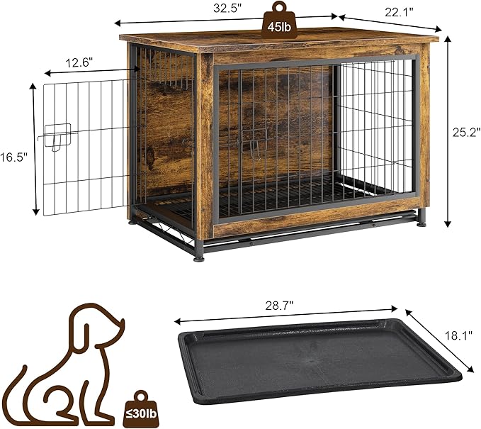 JY QAQA Dog Crate Furniture, Wooden Dog Crate Table, Double-Doors Dog Furniture, Indoor Kennel, Dog Cage/Brown/M