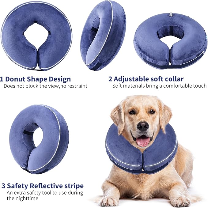 Inflatable Reflective Dog Cone Collar Alternative After Surgery,Doggie Recovery Dount Neck Ecollar,Adjustable Soft Dog Cone Collar for Small Medium Large Dogs (Blue, M)