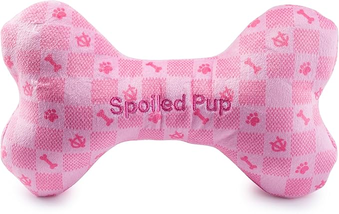 Haute Diggity Dog Chewy Vuiton Bone Plush Squeaky Dog Toy, Soft Durable Designer-Inspired Stuffed Puppy Chew Toys for Small, Medium & Large Dogs, Machine-Washable (Pink Checker) XL