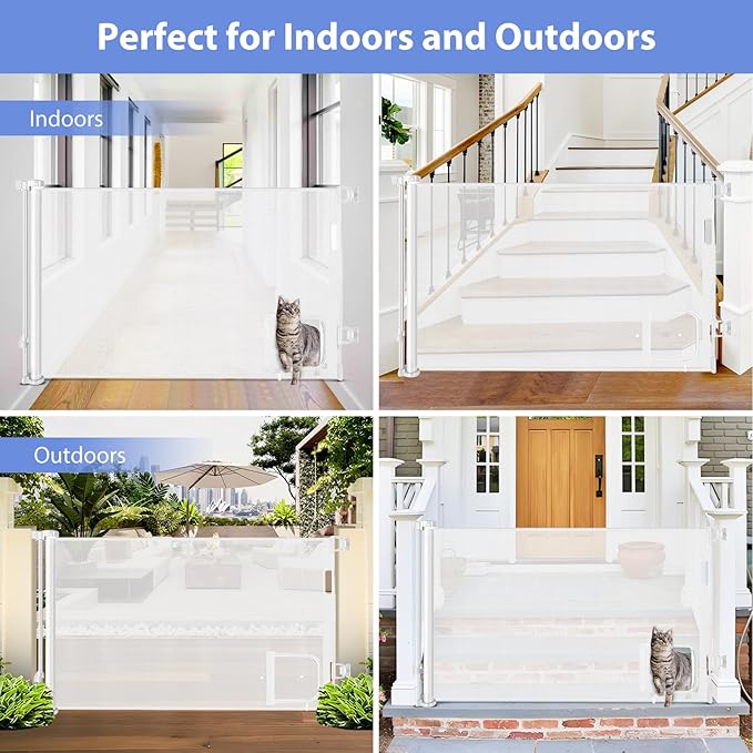 Retractable Baby Gates with Cat Door 80" Wide Retractable Dog Gate with Pet Door Outdoor Retractable Gate for Dogs Retractable Pet Gate with Door Mesh Baby Gate Retractable Mesh Dog Gate (White)