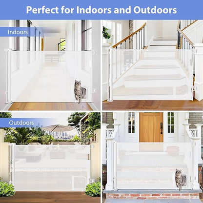 Retractable Baby Gates with Cat Door 80" Wide Retractable Dog Gate with Pet Door Outdoor Retractable Gate for Dogs Retractable Pet Gate with Door Mesh Baby Gate Retractable Mesh Dog Gate (White)