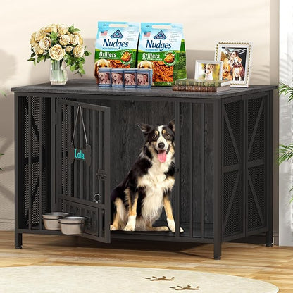 Easycom Foldable Large Dog Crate Furniture, 41.3" Assembly-Free Dog Crates for Large Dogs, Decorative Wooden Dog Kennel Indoor with Tag & Dog Bowls, Dog Cage Use as TV Stand, Dark Grey