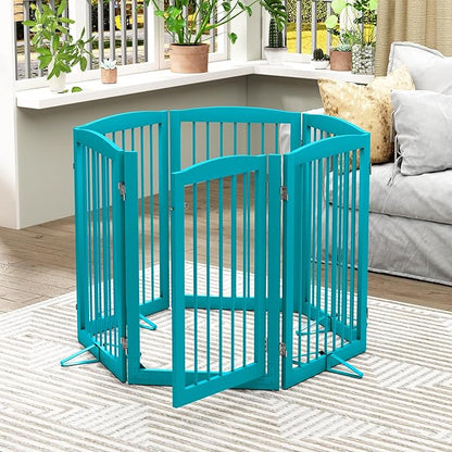 PUPETPO Freestanding Pet Gate with Door, Tall Dog Gate for House, Extra Wide, Pet Puppy Safety Fence, Support Feet Included, 120 Inch Wide, 6 Panels 32" Tall, Blue